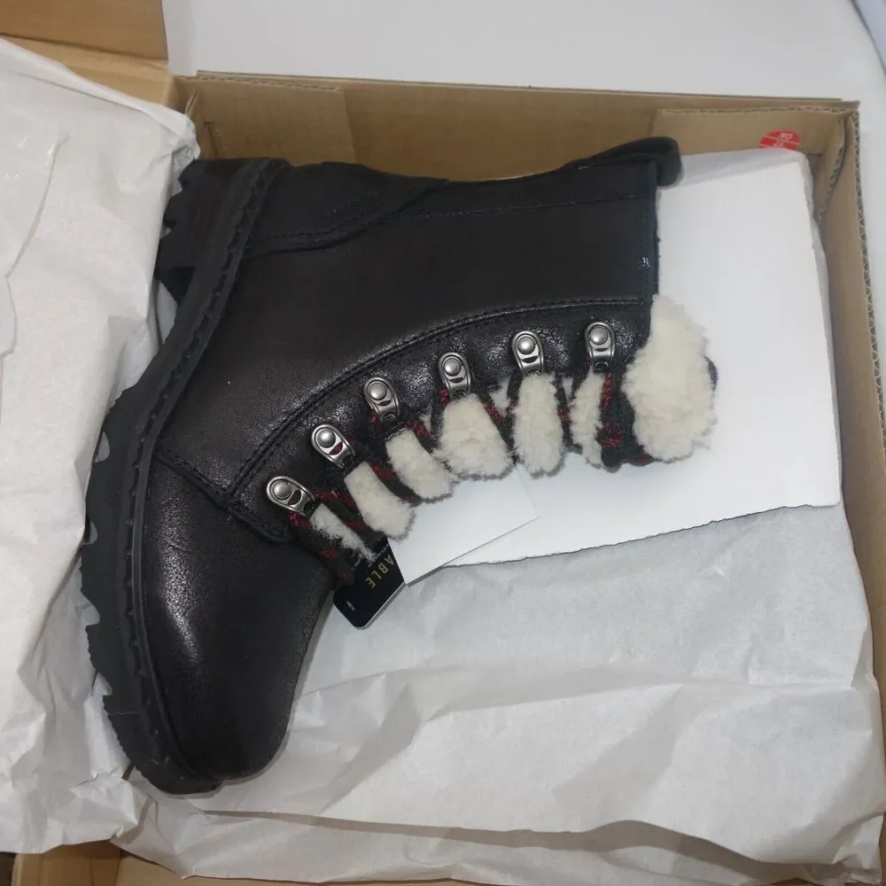 NEW Sorel Women's 5 Lennox Lace Cozy Boots Waterproof Shearling Lug  Black